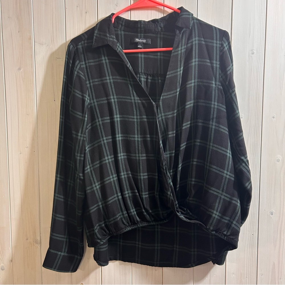 Madewell Black and Green Plaid Blouse